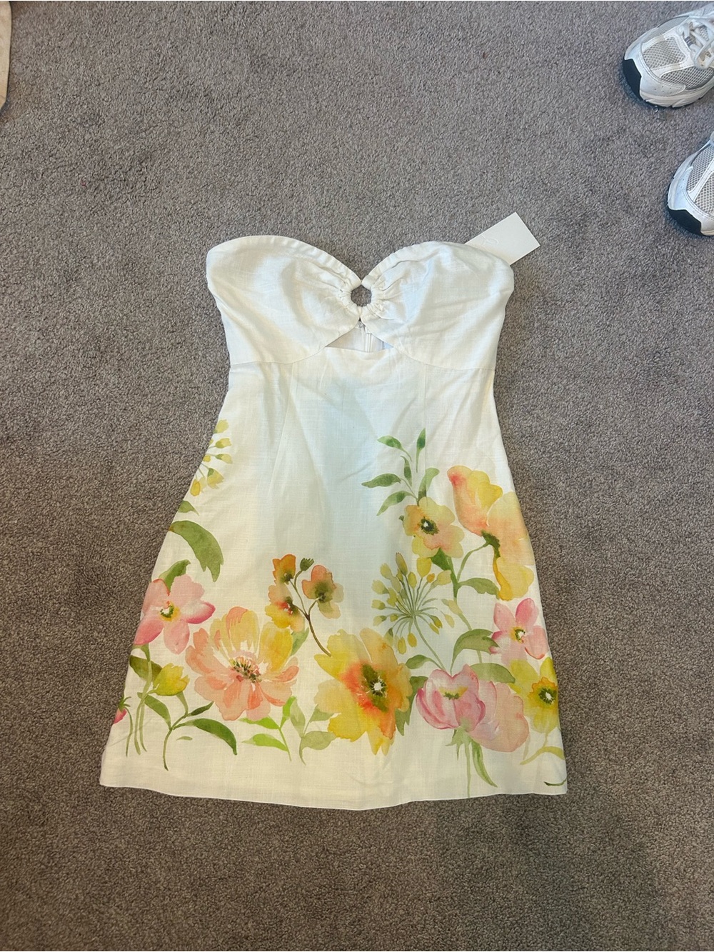 Hello Molly White Strapless Mini Dress with Pink & Yellow Floral Print